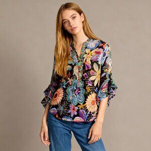 NWOT Johnny Was Zellah Silk Floral Ruffles Pleated V-neck Blouse Size S